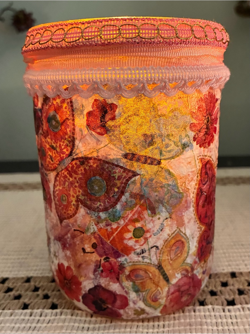 Handmade Butterfly and Ladybug Decoupage Collage Jar Candleholder 5”X3”